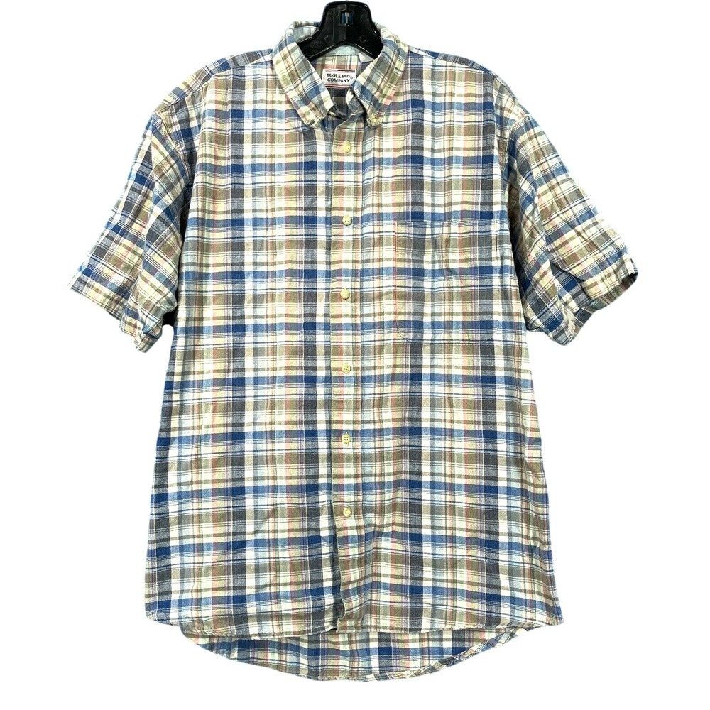 VINTAGE BUGLE BOY Men's BLUE/BROWN PLAID TWILL 1-Pocket BUTTON-UP Shirt Sz M